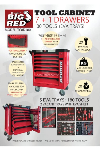 BigRed TC8D180 Kabinet alat  7+1 laci + 180 alat. Tool Cabinet – 7+1 Drawers with 180 Pieces Tools | Workshop Storage Solution Malaysia